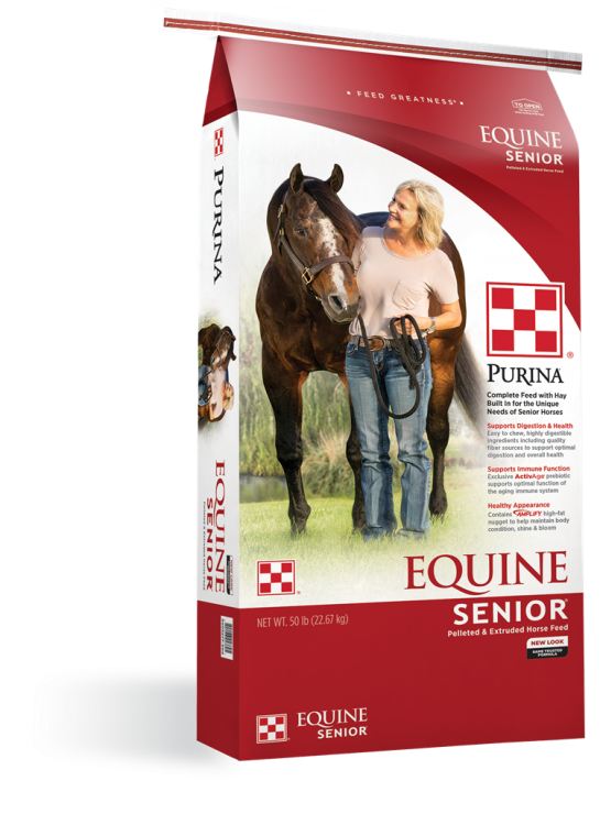 Purina Equine Senior Horse Feed. Red and whtie 50-lb feed bag.