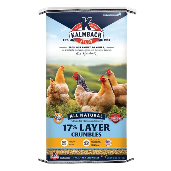 Kalmbach 17% All Natural Chicken Crumbles 50-lb bag. Blue and gold feed bag.