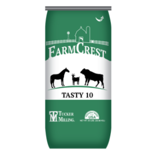 Farmcrest Tasty 10% Textured Feed. Green and white feed bag.