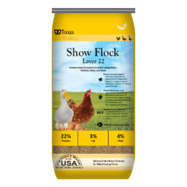 Show Flock Layer 22% Mini Pellet. Yellow feed bag.