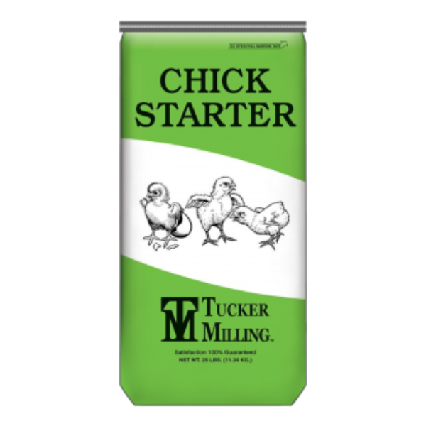 Chick Starter PLUS. Green and white 50-lb poultry feed bag.