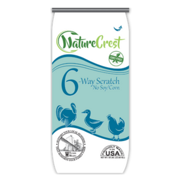 NatureCrest 6-Way Scratch. White and teal poultry feed bag.