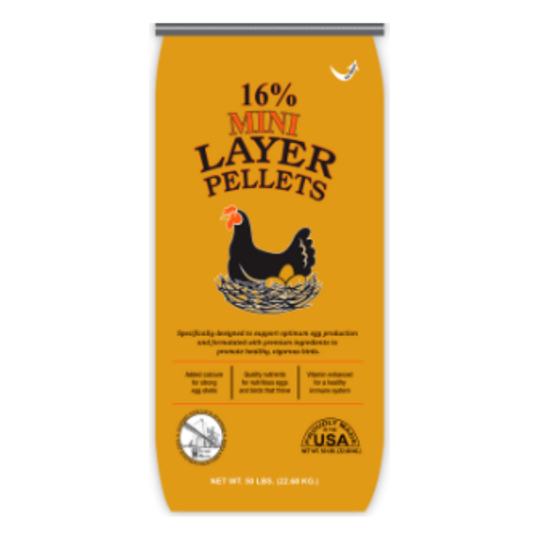 Tucker 16% Layer Mini Pellets. Gold 50-lb feed bag.