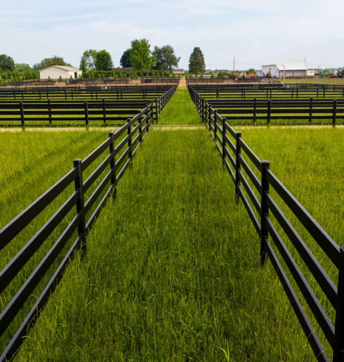 Photo of Buckley Fence stretching across a lush farm property